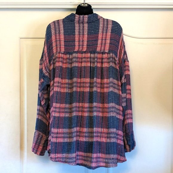 Free People Oversized Sequins Plaid Knit V-Neck Long Sleeve Blouse - Picture 2 of 5